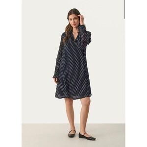 Part‎ Two Copenhagen BotellaPW DR Polka Dot Midi Dress Navy Blue Ruffle V-Neck